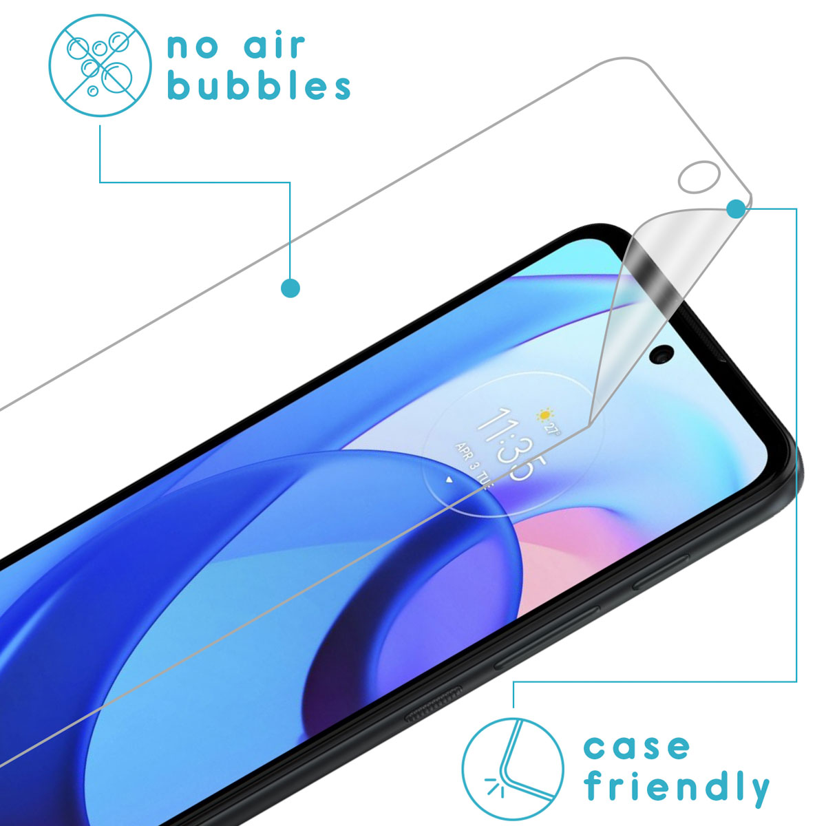 A phone with a screen protector being applied, emphasizing no air bubbles and case-friendly design.