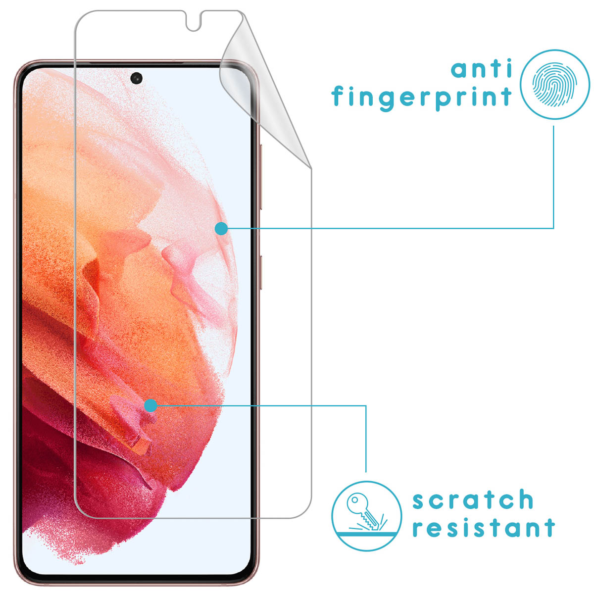 Un téléphone avec un protecteur d'écran. Le protecteur indique anti-empreintes et résistant aux rayures.