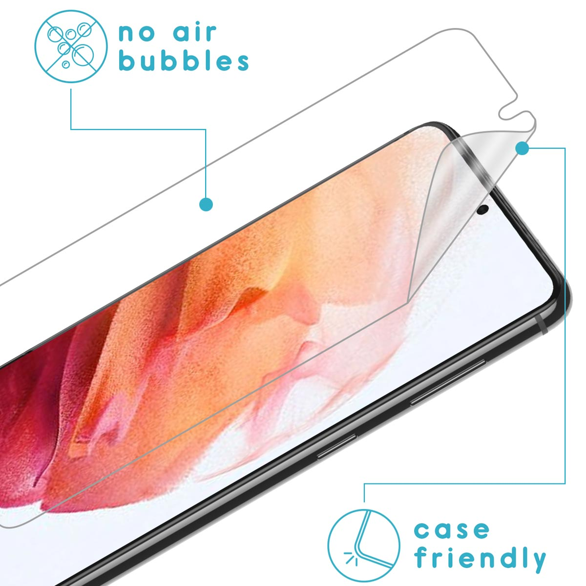 Un protecteur d'écran est appliqué sur un téléphone. Le texte indique 'pas de bulles d'air' et 'compatible avec les étuis'.