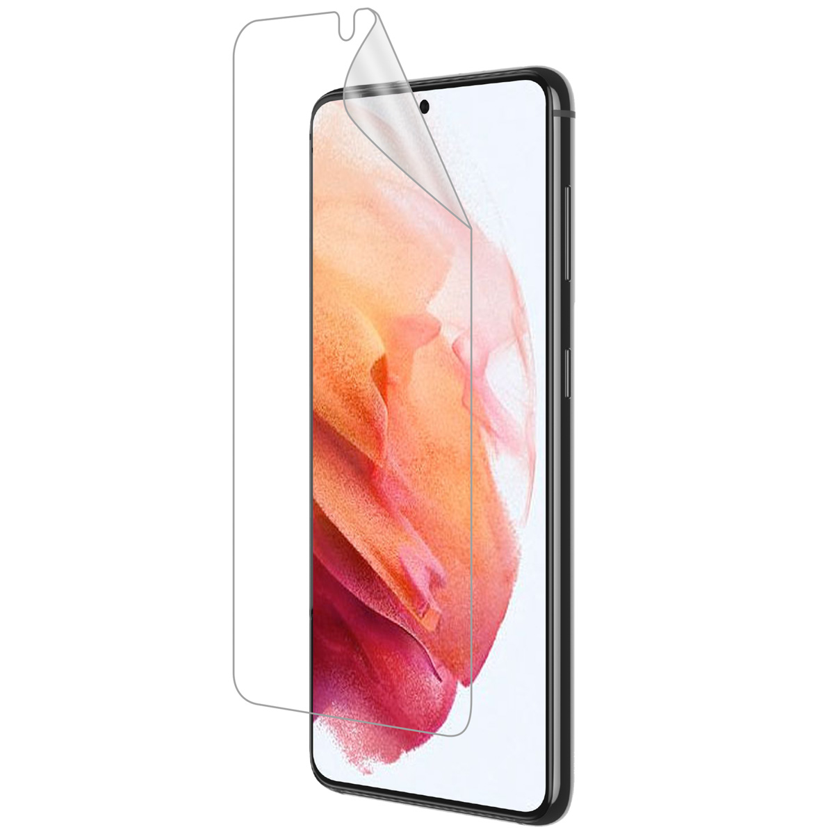 Un protecteur d'écran est décollé de l'écran d'un téléphone. Le téléphone est noir et le protecteur est transparent.