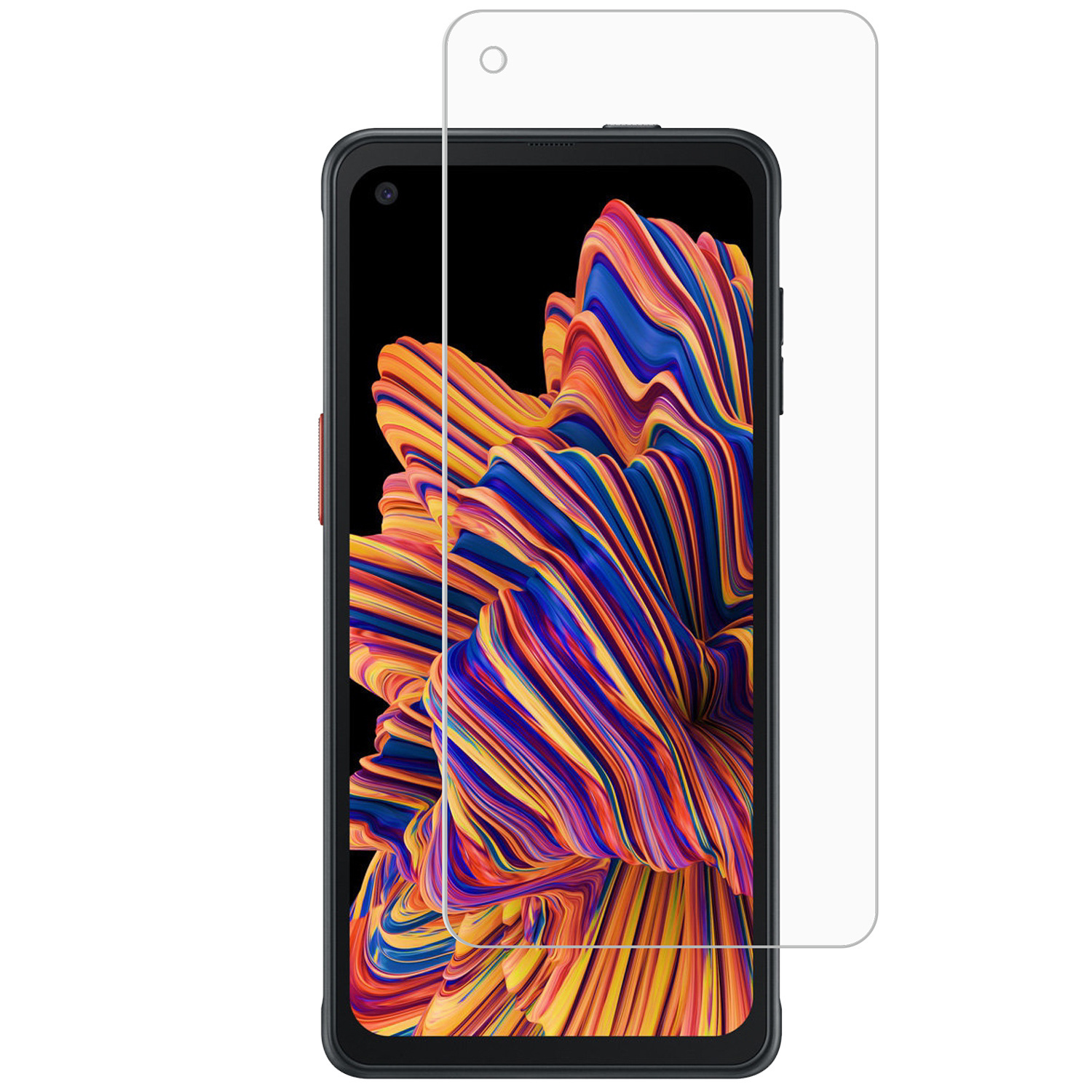 Een smartphone met een kleurrijke achtergrond en een schermprotector.