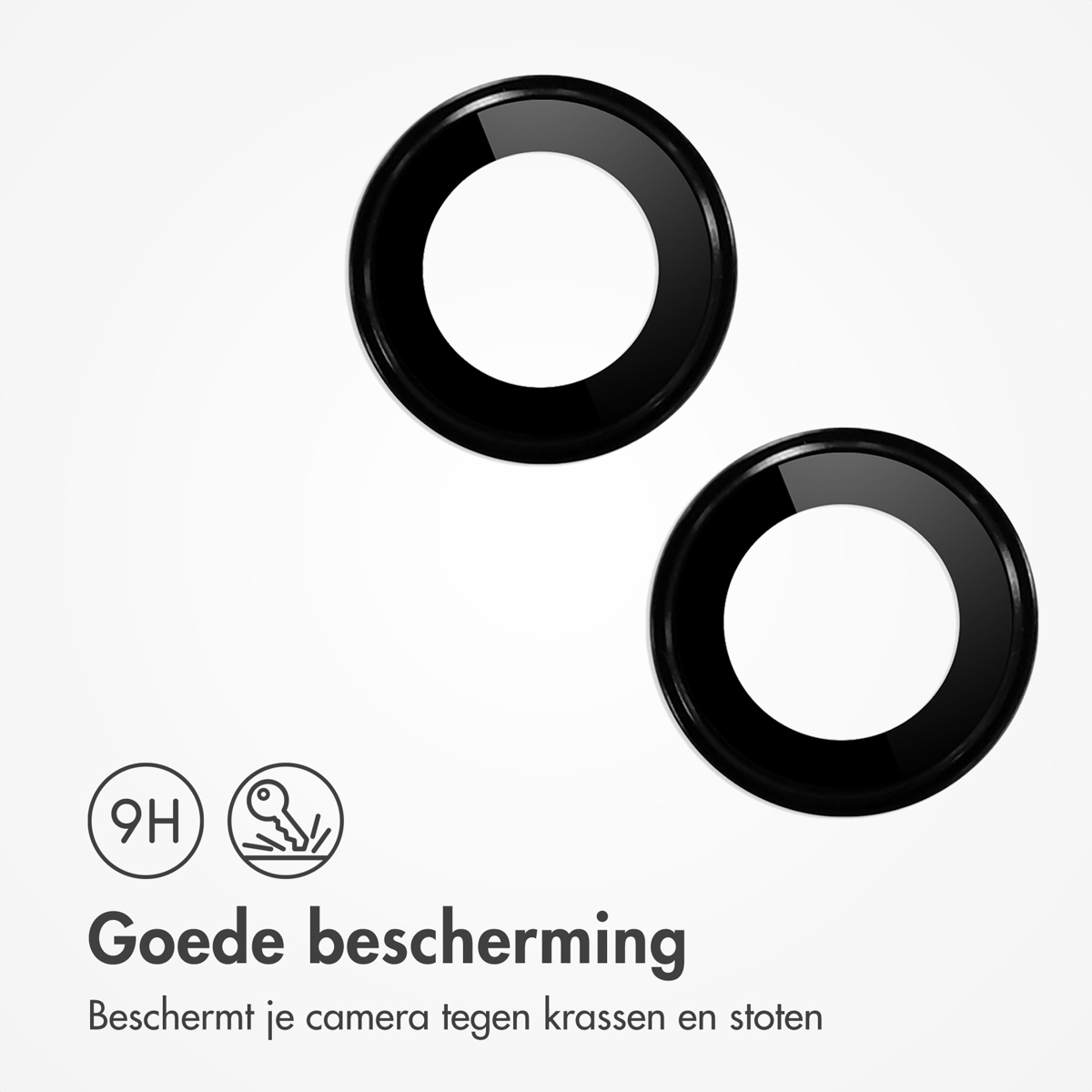 Two black camera lens protectors. Icons show 9H hardness and scratch resistance.
