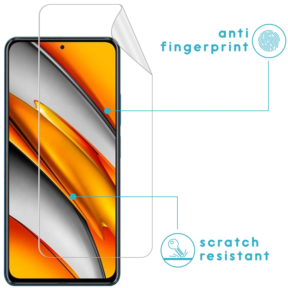 Phone with screen protector being applied. Text highlights anti-fingerprint and scratch resistance.