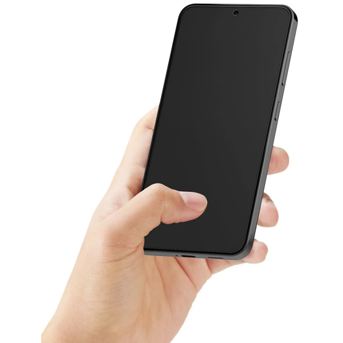 Ręka trzymająca czarny smartfon. Ekran jest pusty.