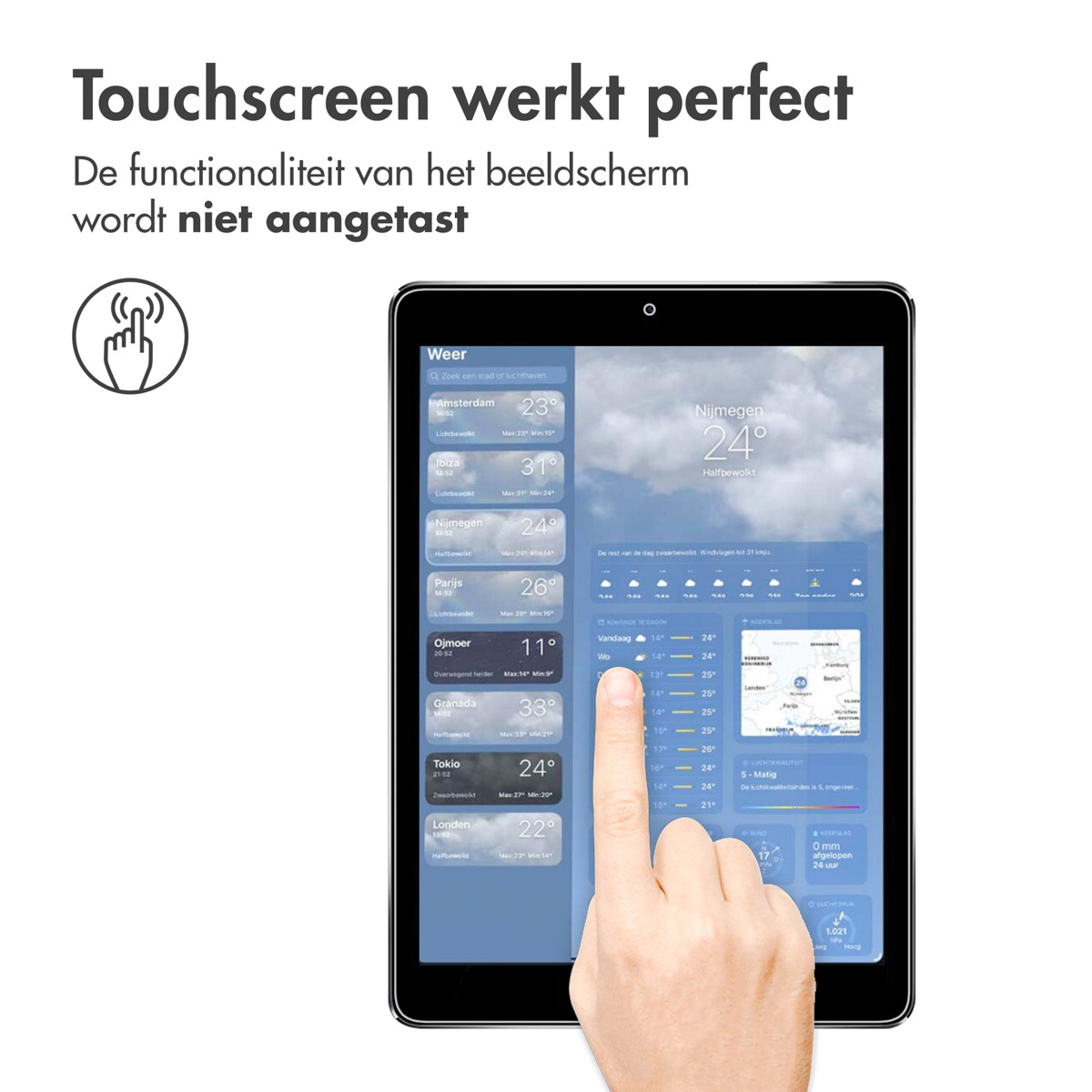 A person is touching a tablet screen. The tablet shows a weather app.