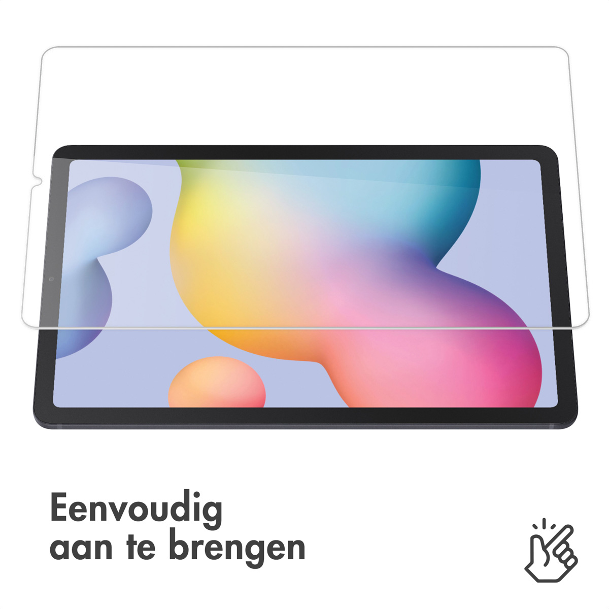 Tablet with screen protector applied. Text highlights easy application of the screen protector.