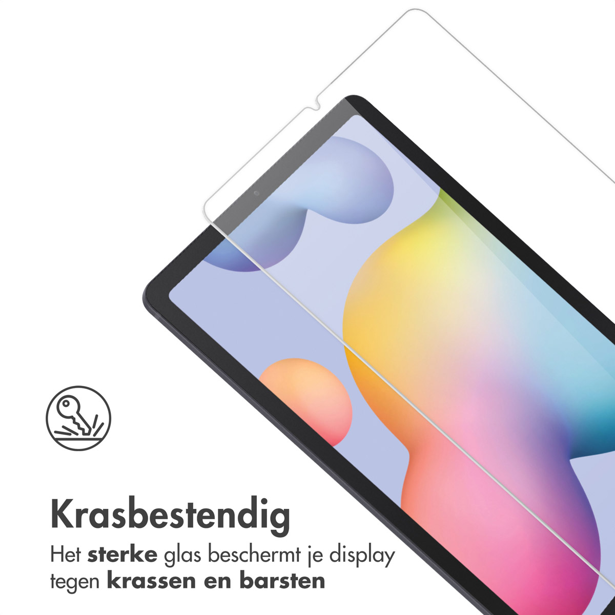 A tablet with a screen protector. The tablet is black, and the protector is transparent.