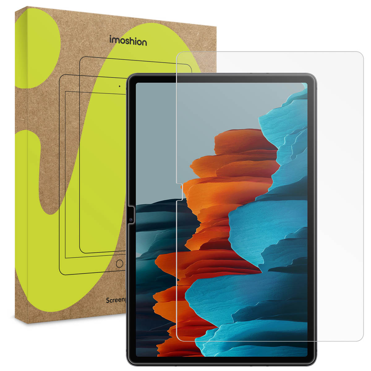Un tablet e una scatola con protezione schermo. Il tablet è nero e la scatola è verde lime.