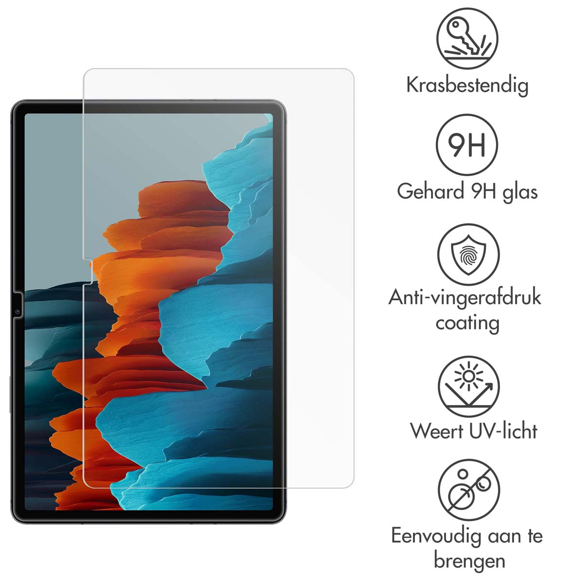 Un tablet con una protezione per lo schermo applicata, con icone che indicano resistenza ai graffi, vetro 9H e rivestimento anti-impronta.