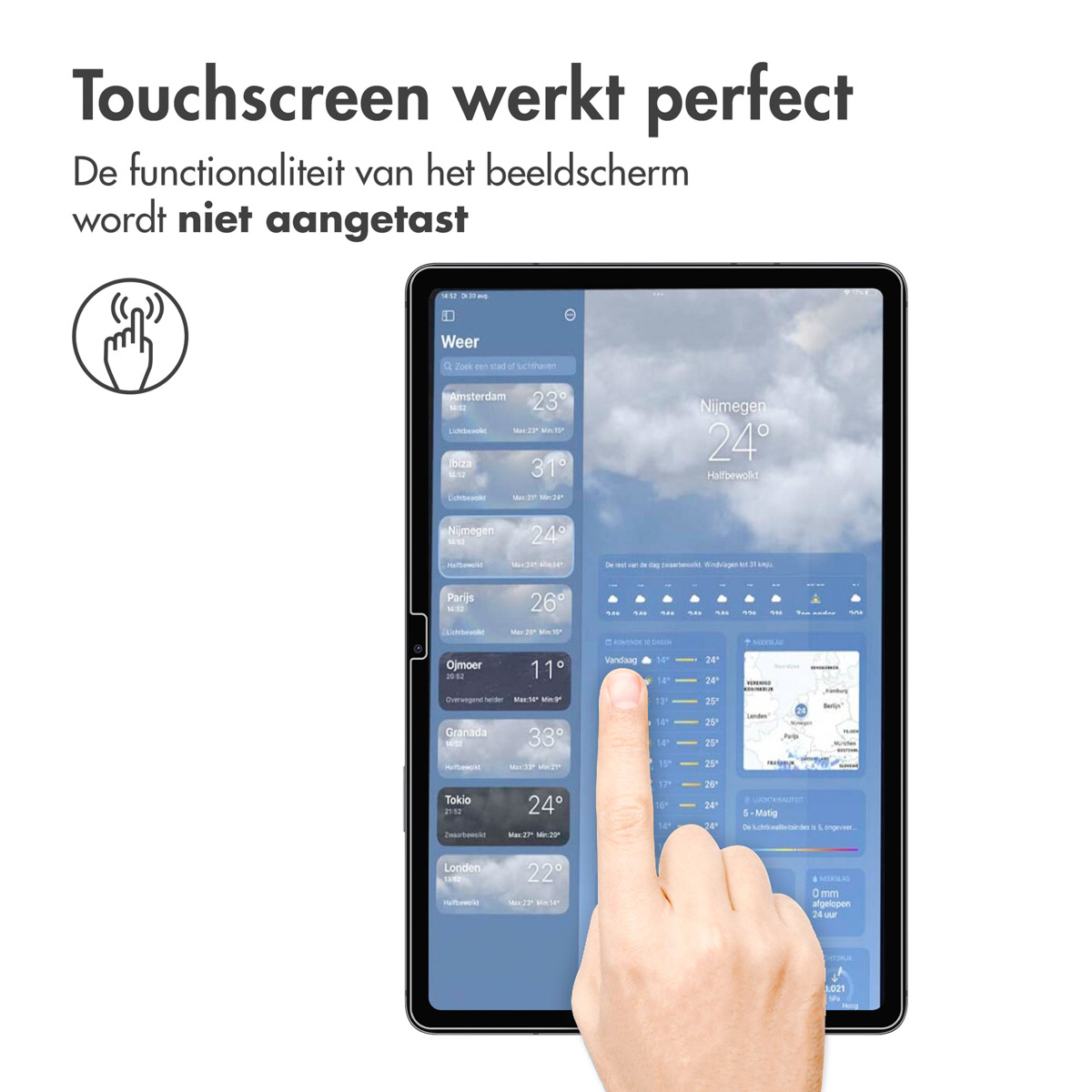 Tablet con app meteo. Il testo indica touchscreen perfetto. Icona mano tocca lo schermo.