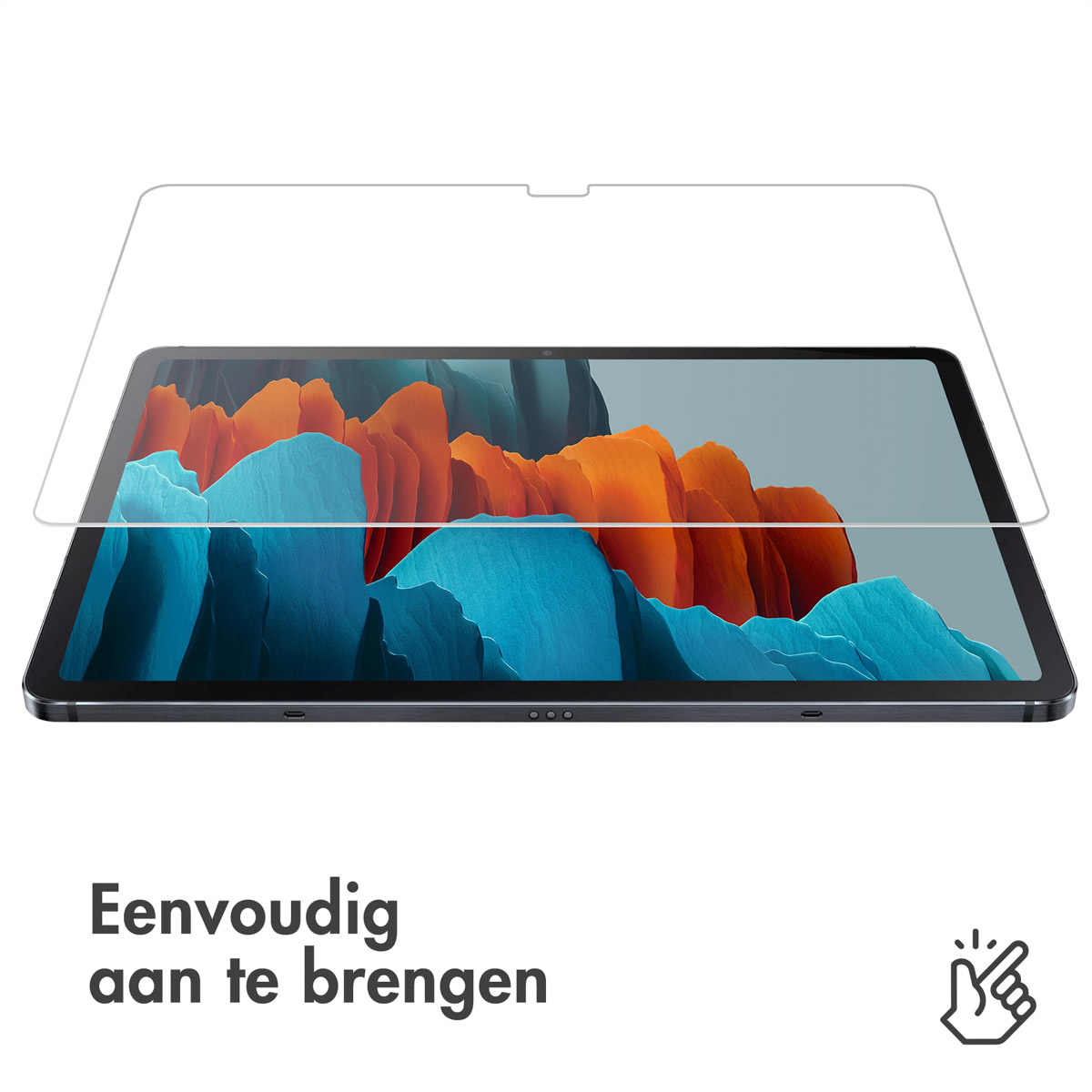 Tablet con una protezione per lo schermo in fase di applicazione. La protezione è trasparente.