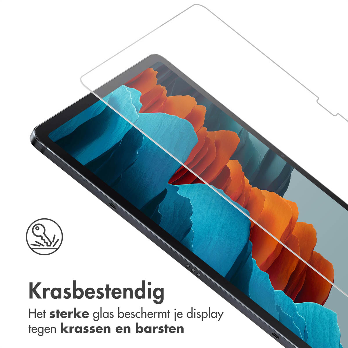 Tablet con protezione schermo. Il tablet ha uno schermo con motivi blu e arancioni. Protezione trasparente sopra.