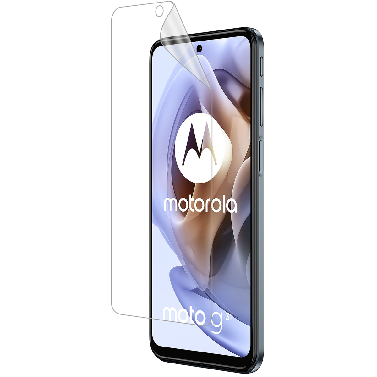 Phone with a screen protector being applied. The phone is black with a motorola logo.