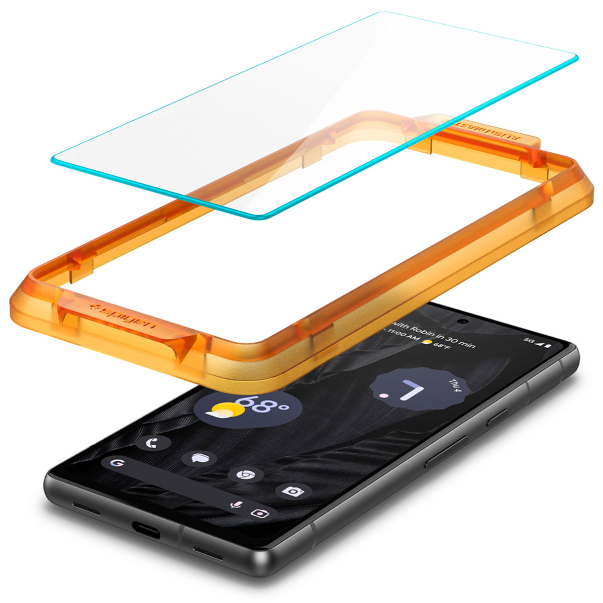 Téléphone avec protecteur d'écran et cadre orange. Protecteur et cadre sont séparés du téléphone.