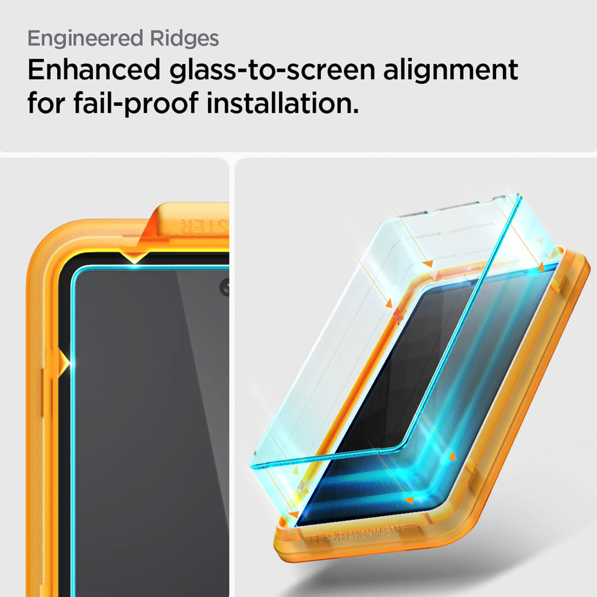 Un téléphone avec protection d'écran et un cadre orange, des flèches indiquent l'alignement.
