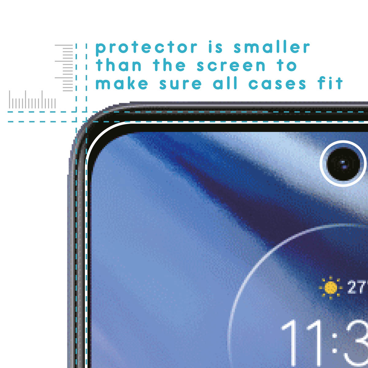 Diagram toont dat de screenprotector smaller is zodat hoesjes passen.
