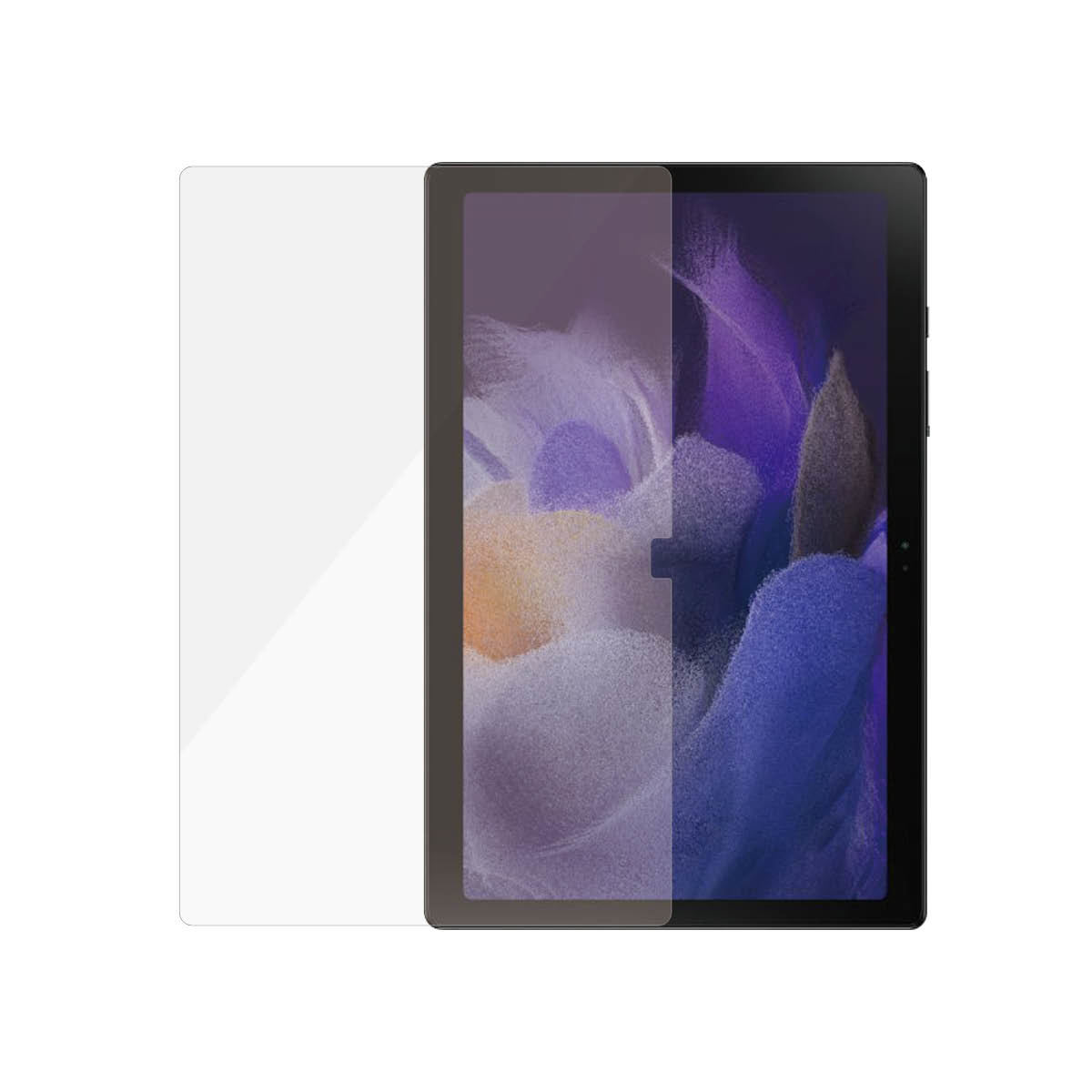 Tablet con protezione schermo, trasparente, a sinistra.