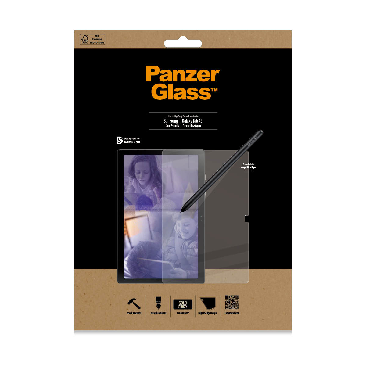 Confezione di protezione schermo Panzer Glass. Include tablet, penna e due bambini che usano il tablet.