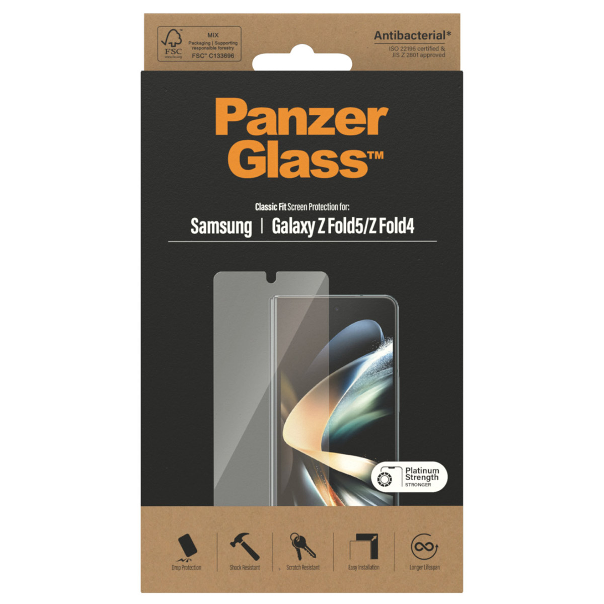 Scatola con protezione schermo e un telefono. Il testo dice 'Classic Fit Screen Protection'.