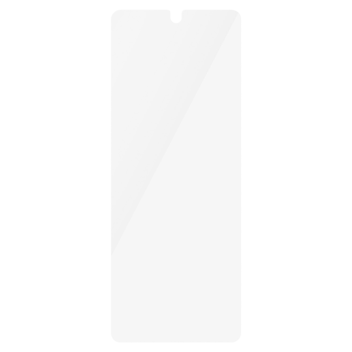 Una protezione schermo bianca per un telefono, con un ritaglio per la fotocamera in alto.