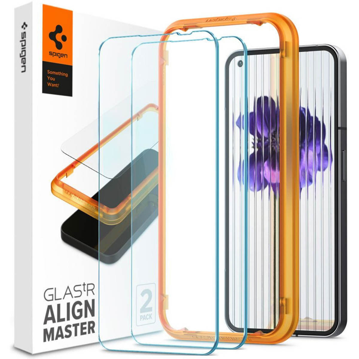 Kit de protection d'écran de téléphone avec cadre orange. Inclut téléphone et protecteur.