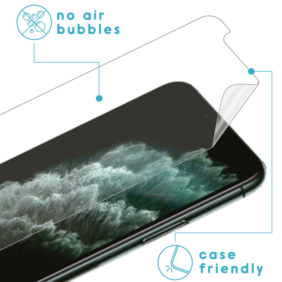 Protection d'écran appliquée sur téléphone, sans bulles, compatible avec coques.