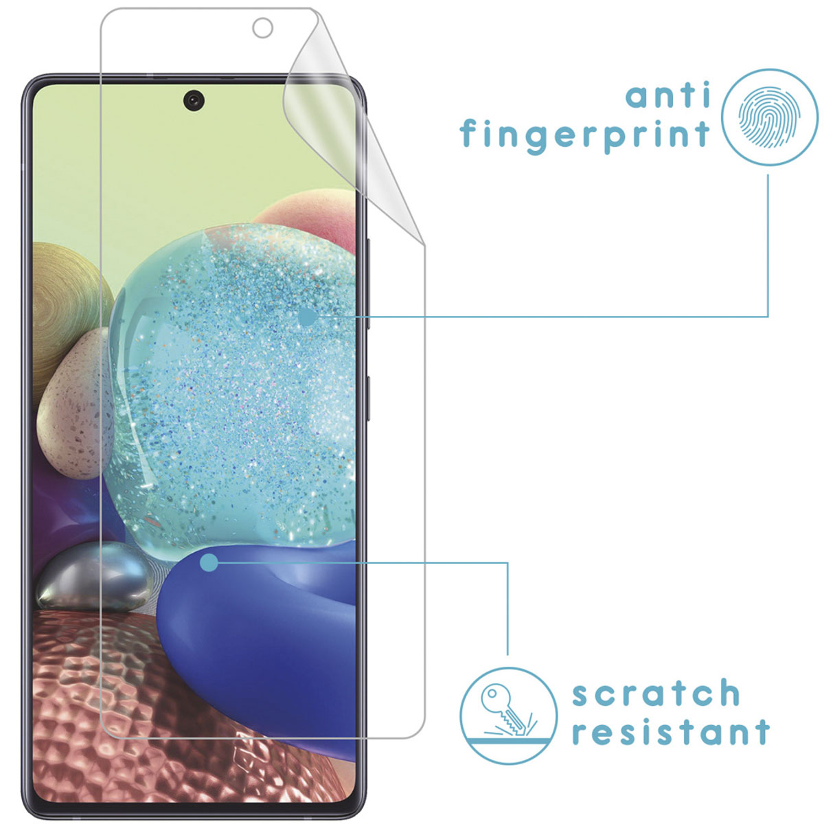 Smartphone with transparent protective film, labeled as anti-fingerprint and scratch resistant.