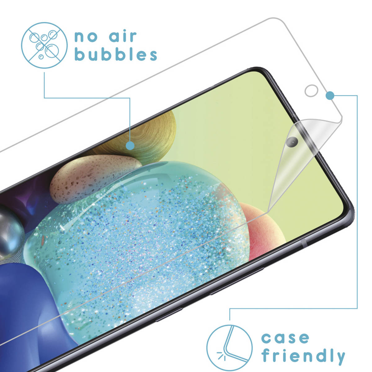 Smartphone with screen protector showing bubble-free application and case-friendly design.