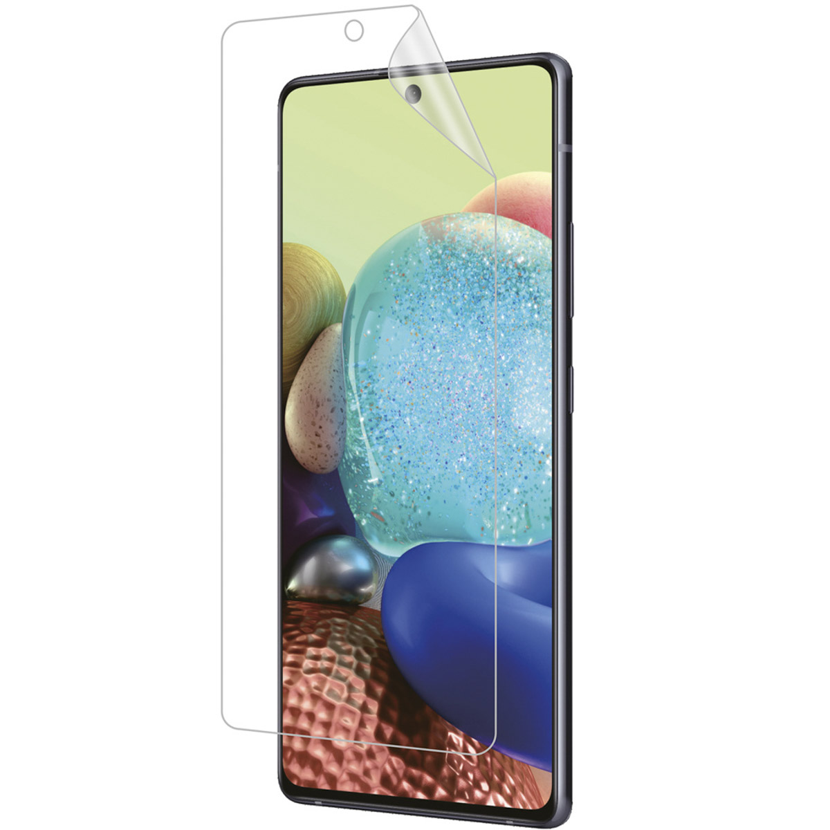 A smartphone with a screen protector film being partially peeled off at the top.