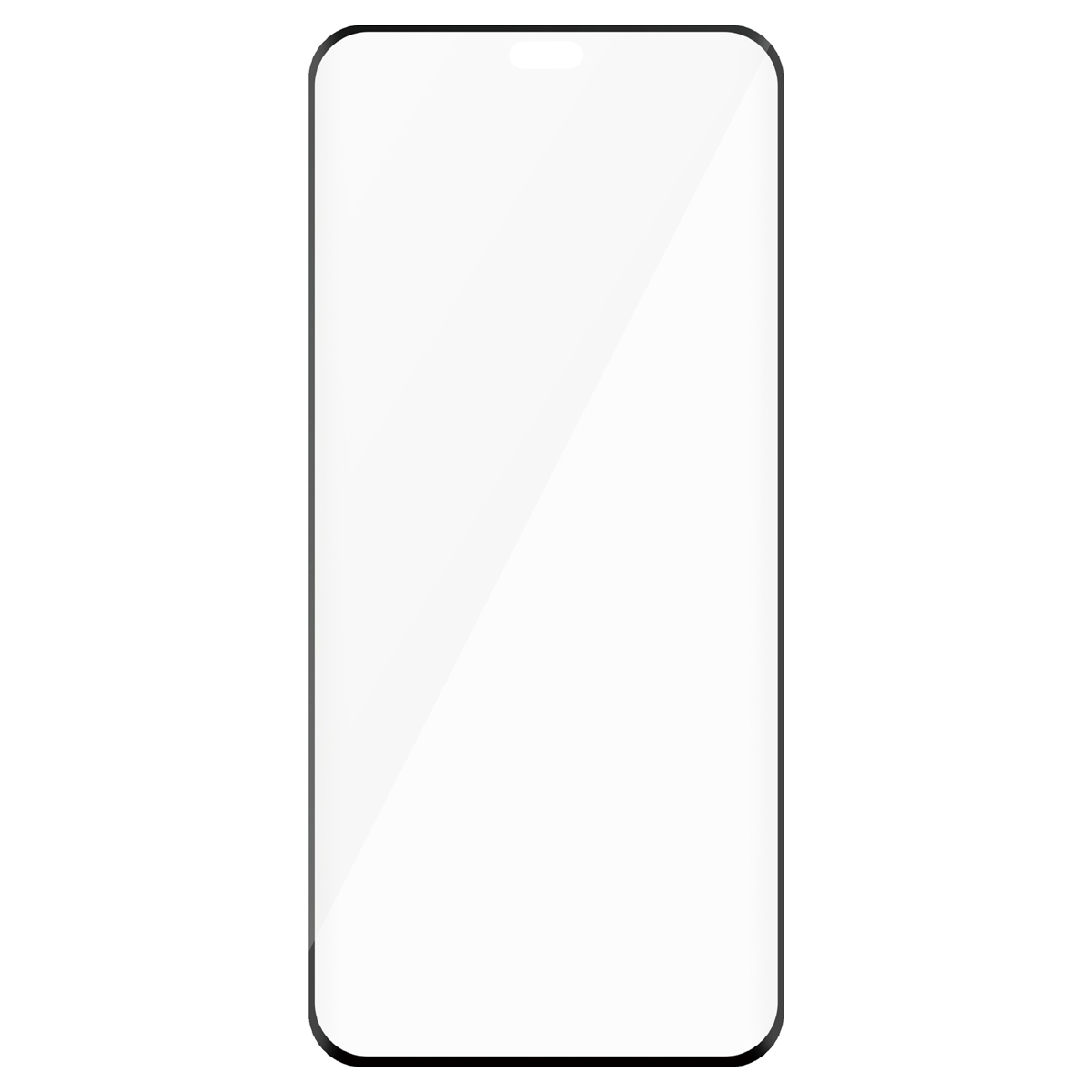 Un proteggi schermo per telefono su sfondo bianco. Cornice nera, vetro trasparente.