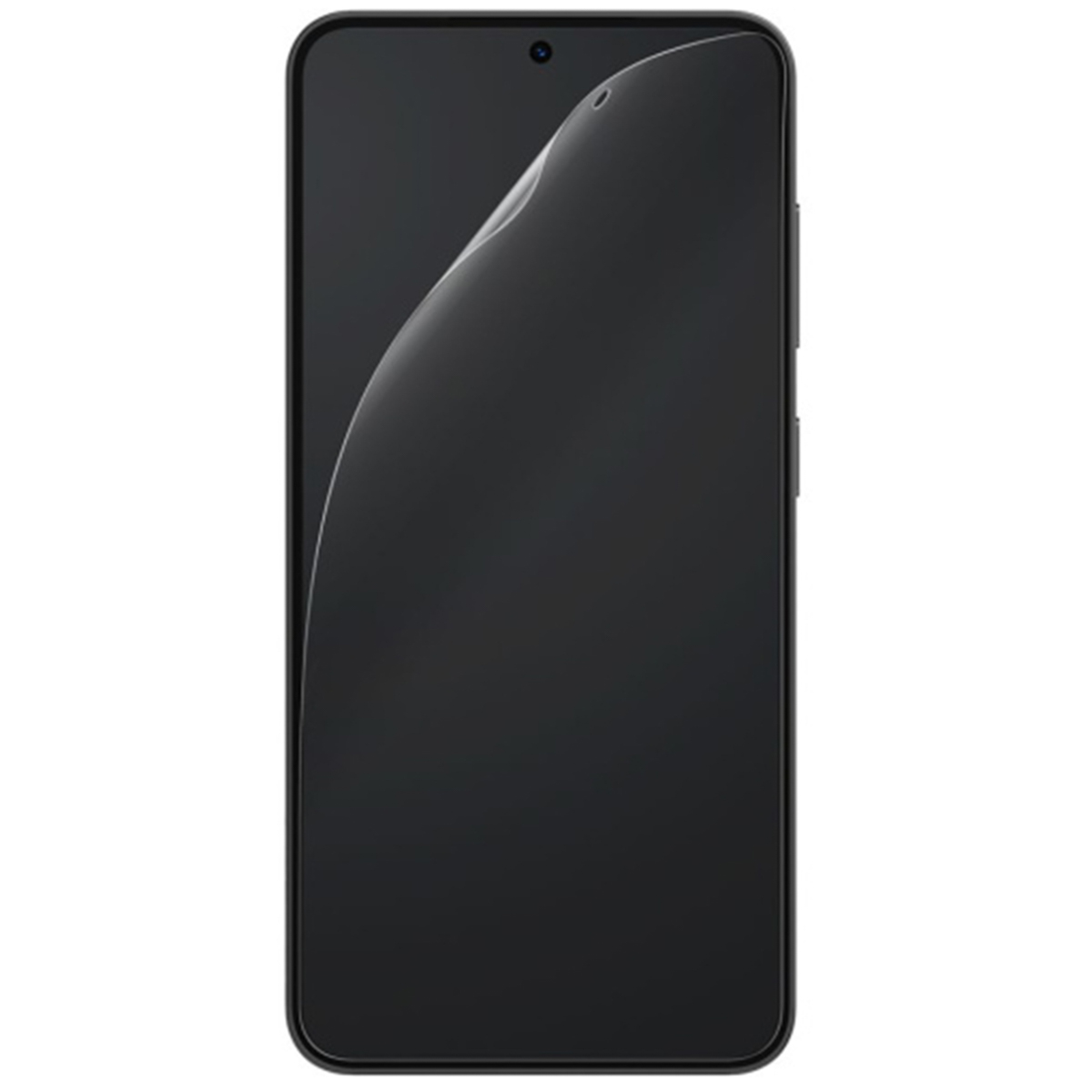 Czarny smartfon z nałożonym ochraniaczem ekranu. Ochraniacz ma lekką falę.