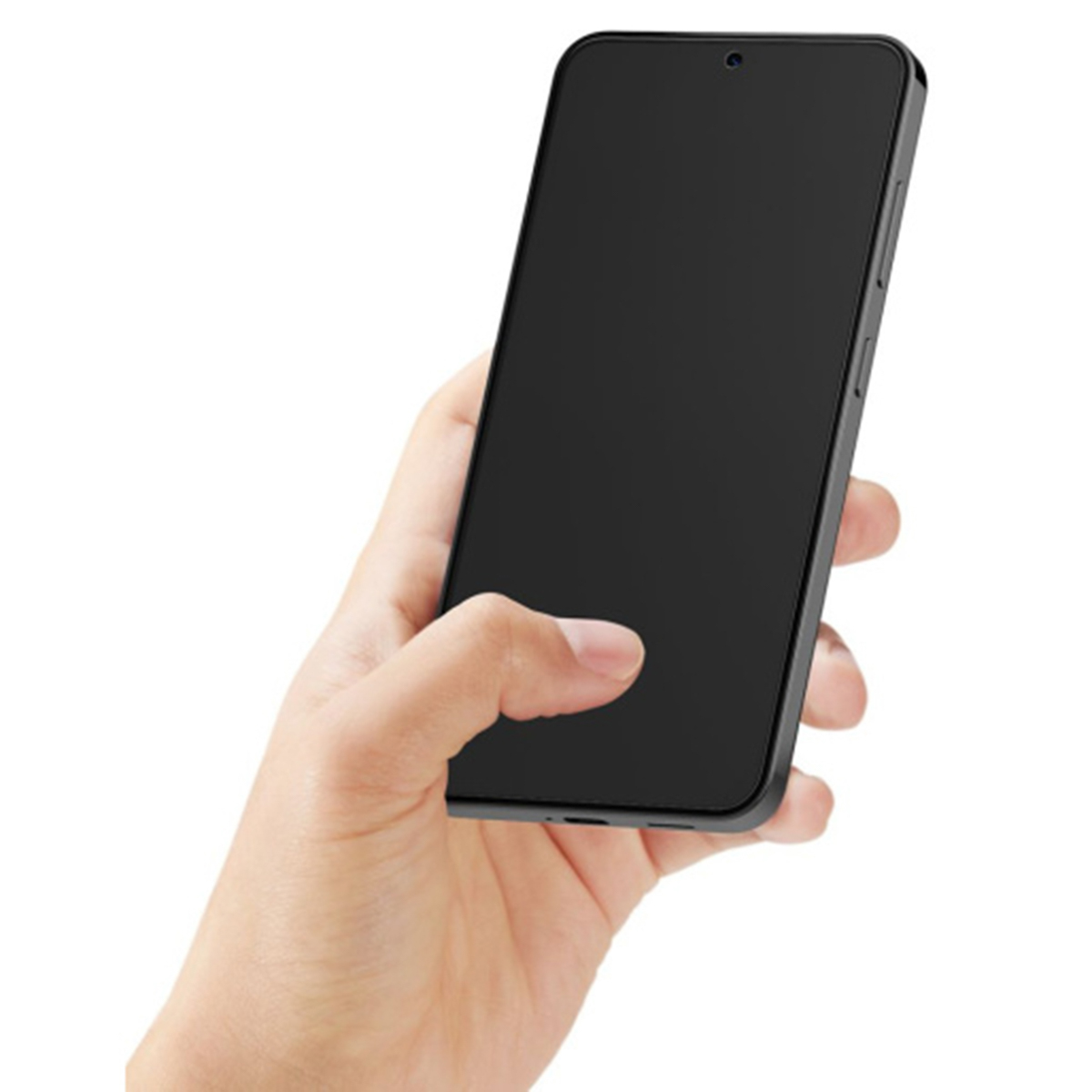 Ręka trzymająca czarny smartfon. Ekran jest pusty.