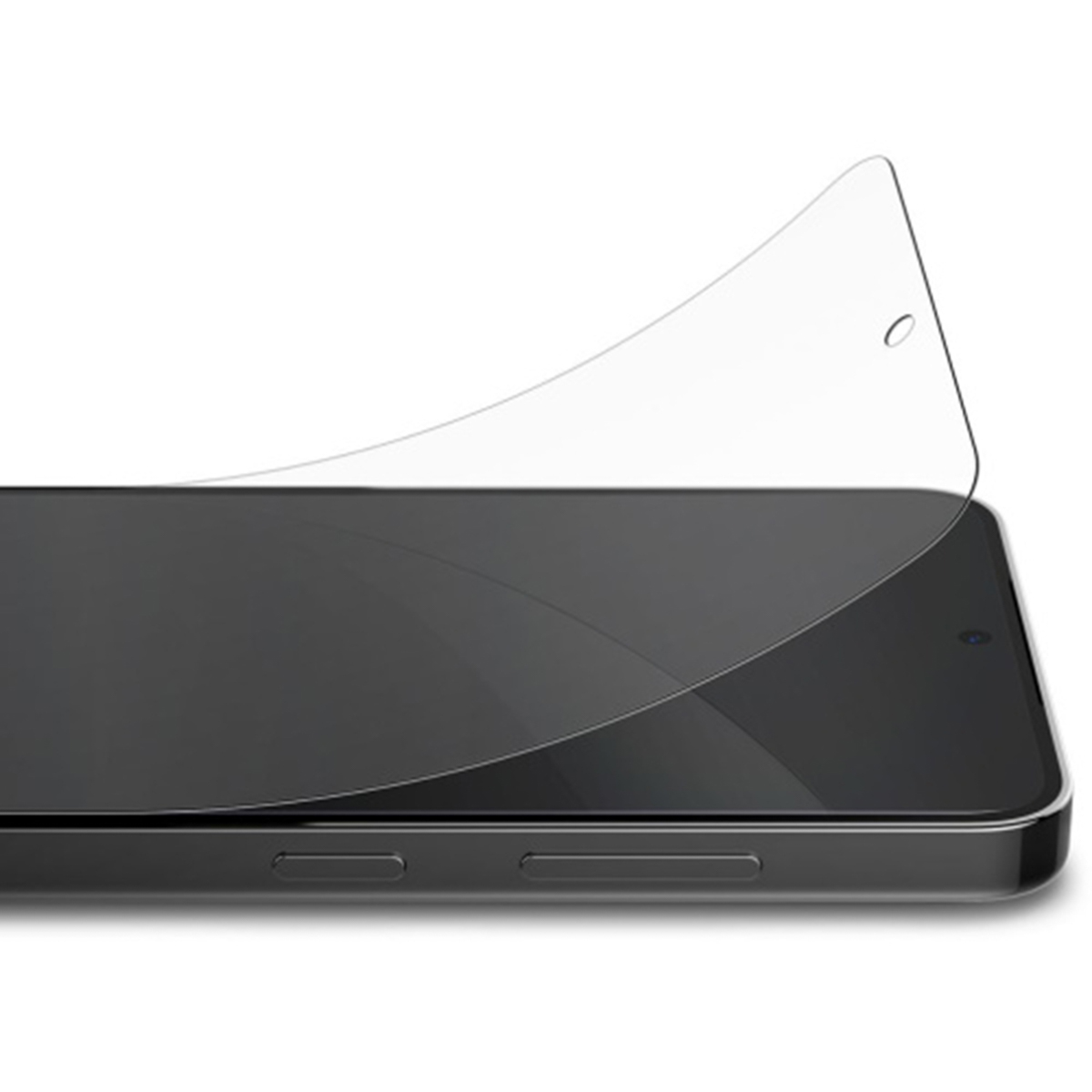 Telefon z ochraniaczem ekranu. Ochraniacz ekranu jest lekko uniesiony znad ekranu telefonu.