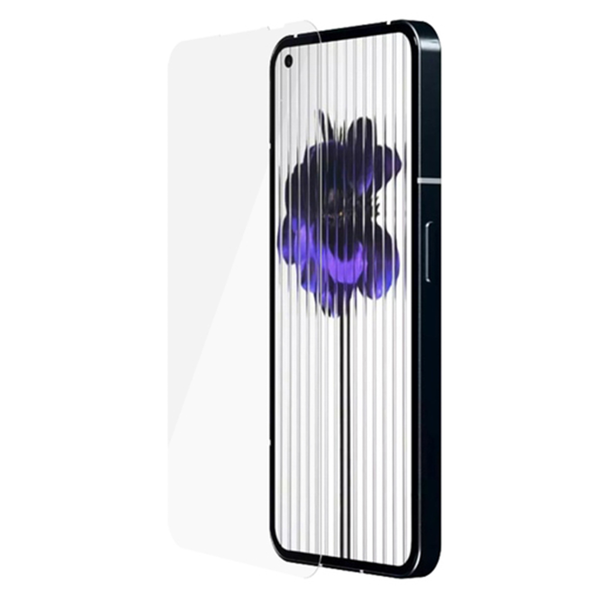 Un proteggi schermo trasparente accanto a uno smartphone nero. Un disegno floreale è visibile sullo schermo.