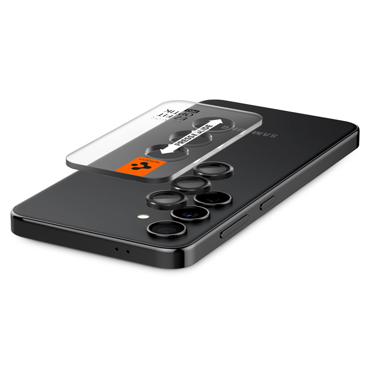 Telefon z zakładanymi osłonami obiektywu, z etykietą 'Press & Slide'.