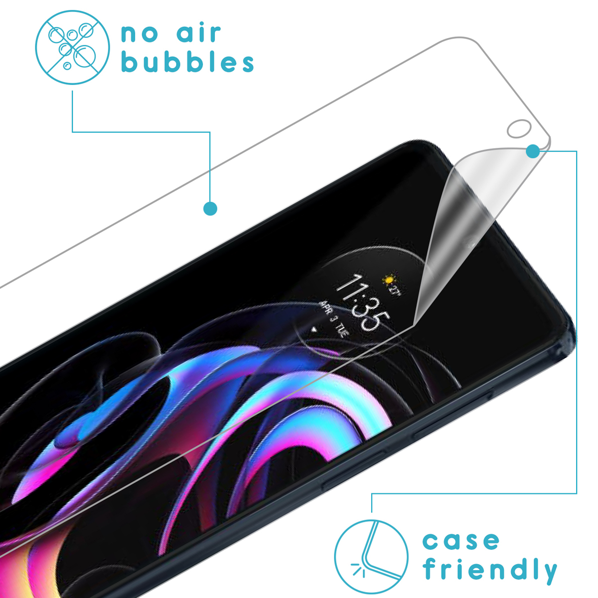 Un téléphone avec un protecteur d'écran appliqué. Le texte indique 'pas de bulles d'air' et 'compatible avec l'étui'. L'écran affiche 11:35.