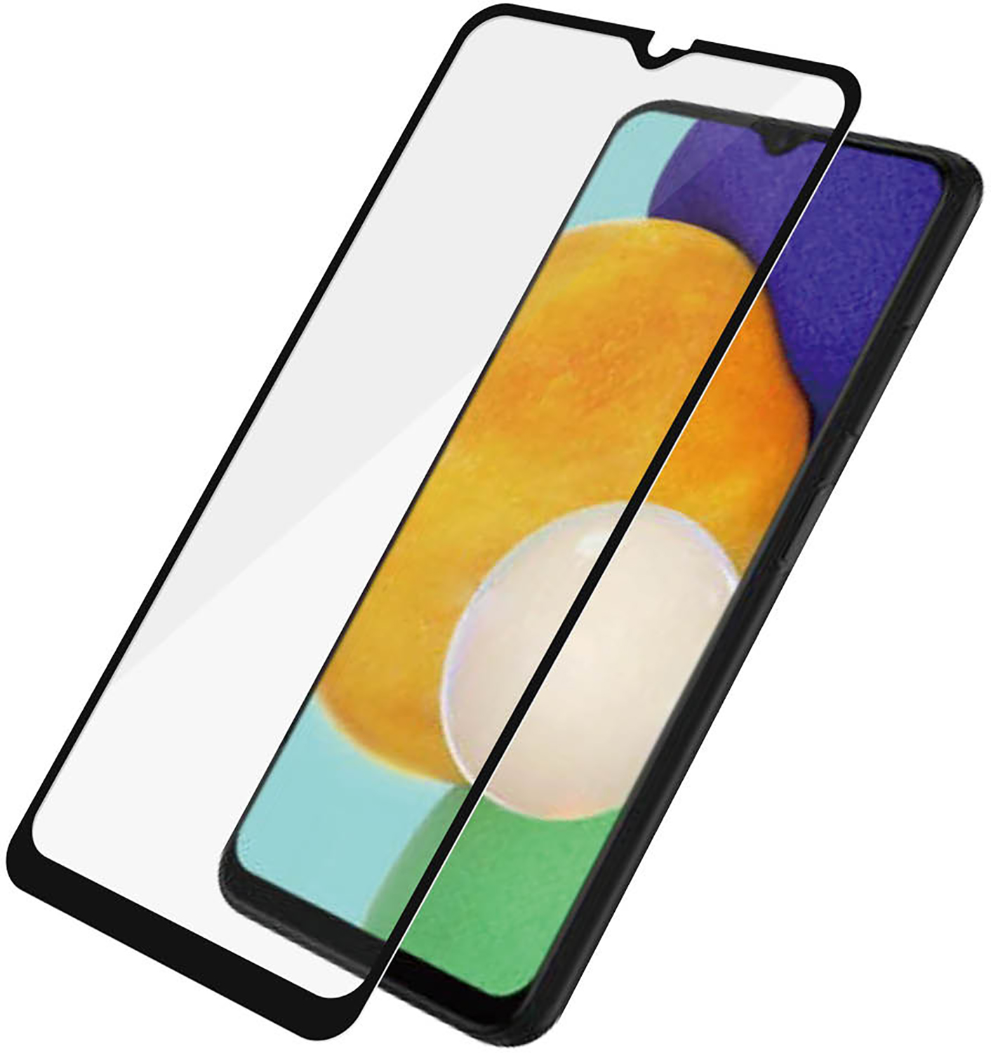 Telefono con sovrapposizione di protezione dello schermo. Il telefono ha uno sfondo arancione e viola.