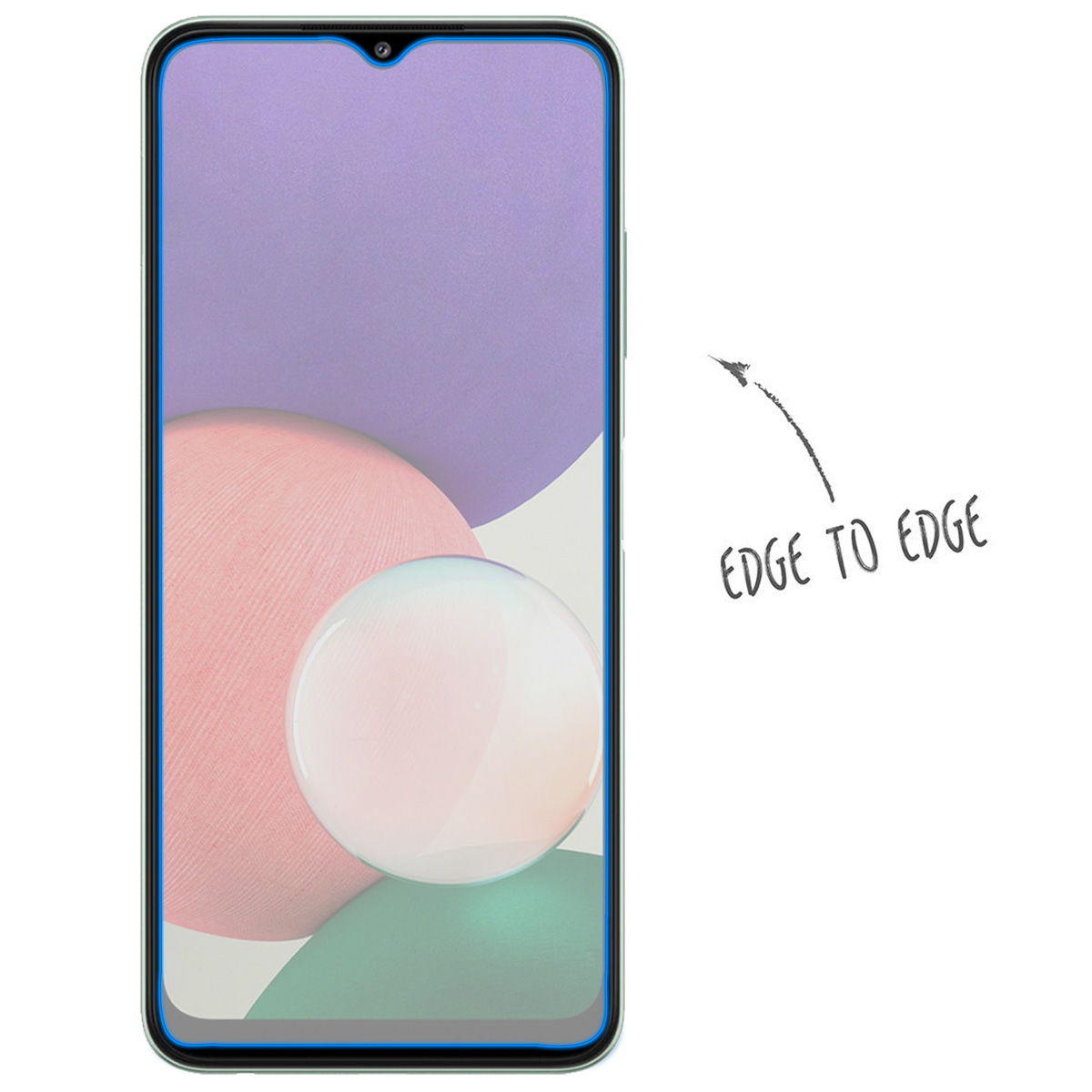 A smartphone with an edge-to-edge screen protector, labeled "Edge to Edge".