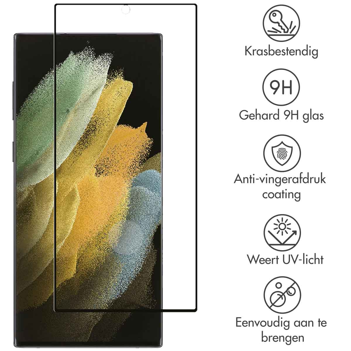 Un smartphone avec un protecteur d'écran. L'écran affiche une image colorée.