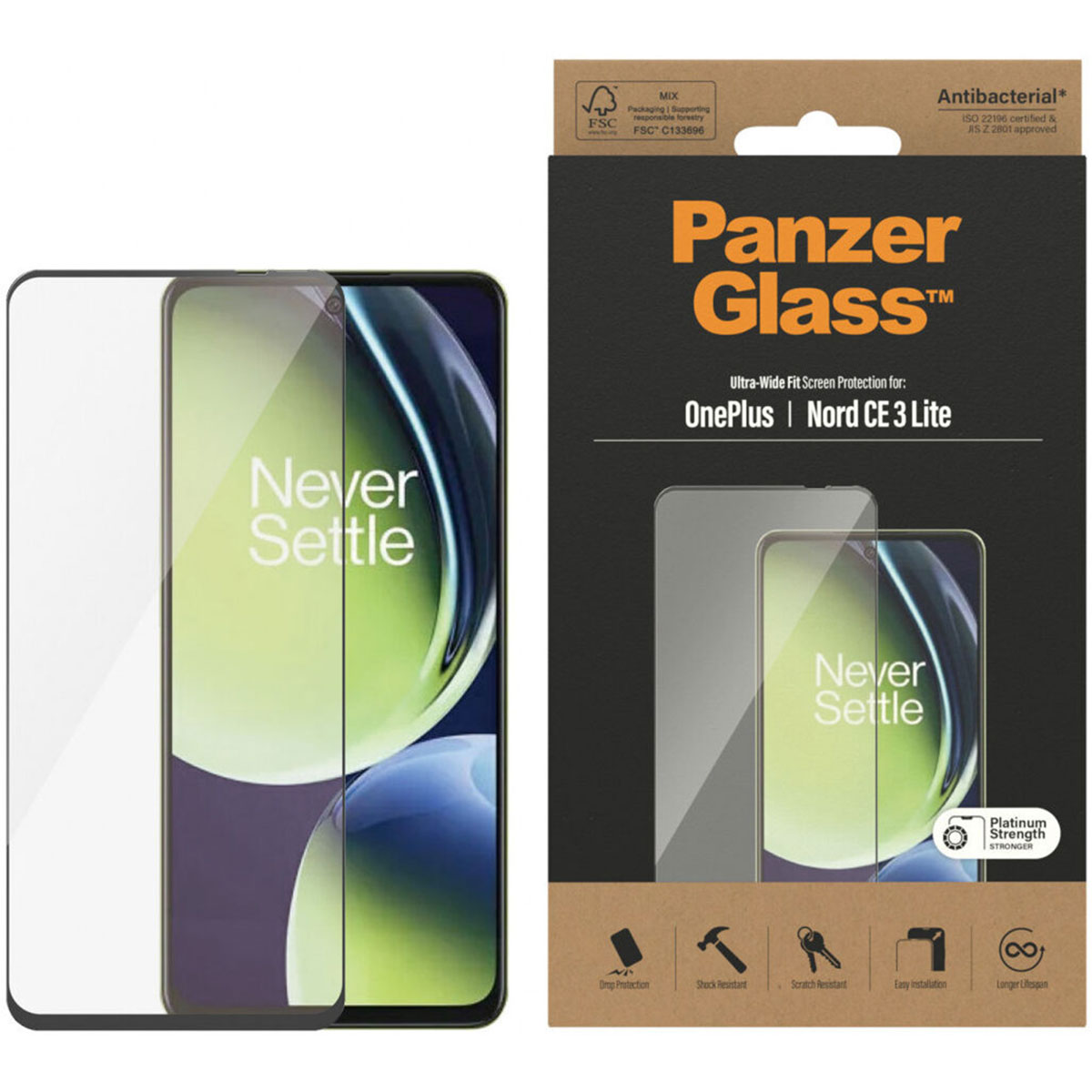 Phone and screen protector box. Phone is on the left, protector is on the phone. Box has images and text.