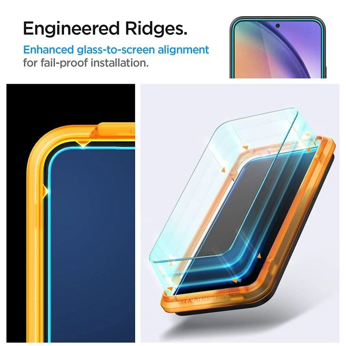 Coque de protection avec cadre orange. Un protecteur d'écran est installé.