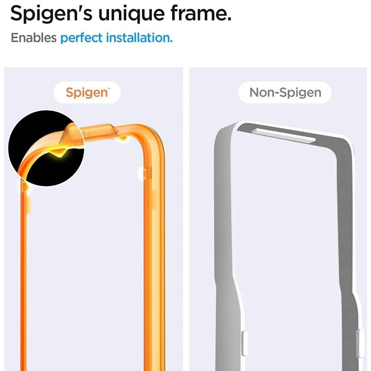 Deux coques de téléphone, une Spigen et une autre. Cadre Spigen en orange, avec des étiquettes de texte.