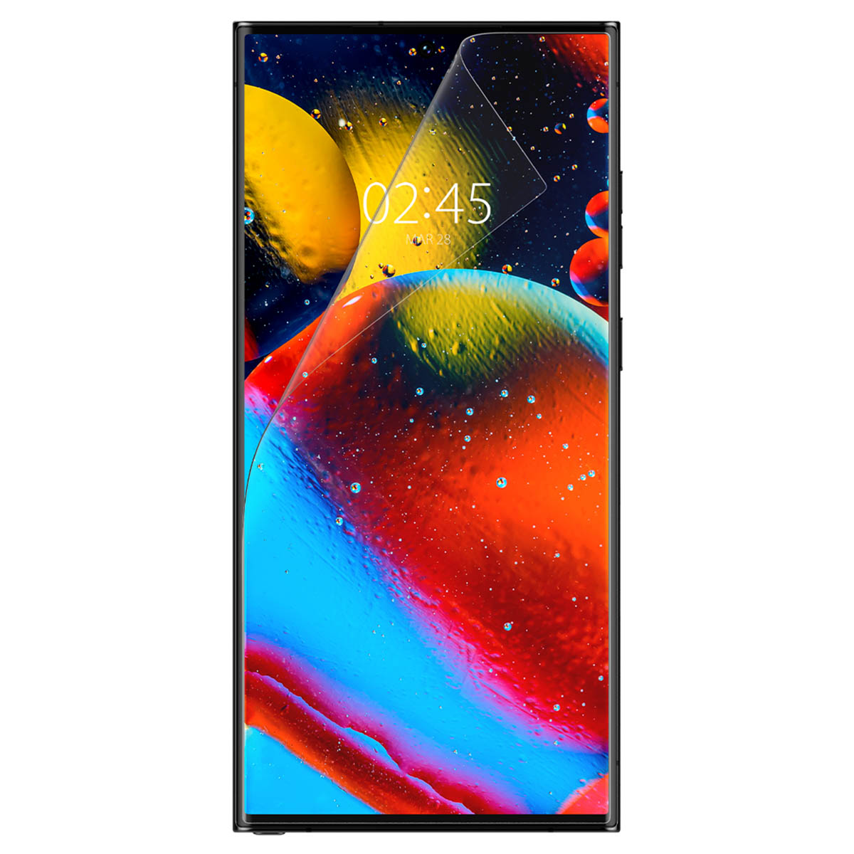 Telefon z ochraniaczem ekranu. Wyświetlacz pokazuje czas. Abstrakcyjne tło z kolorowymi kształtami.