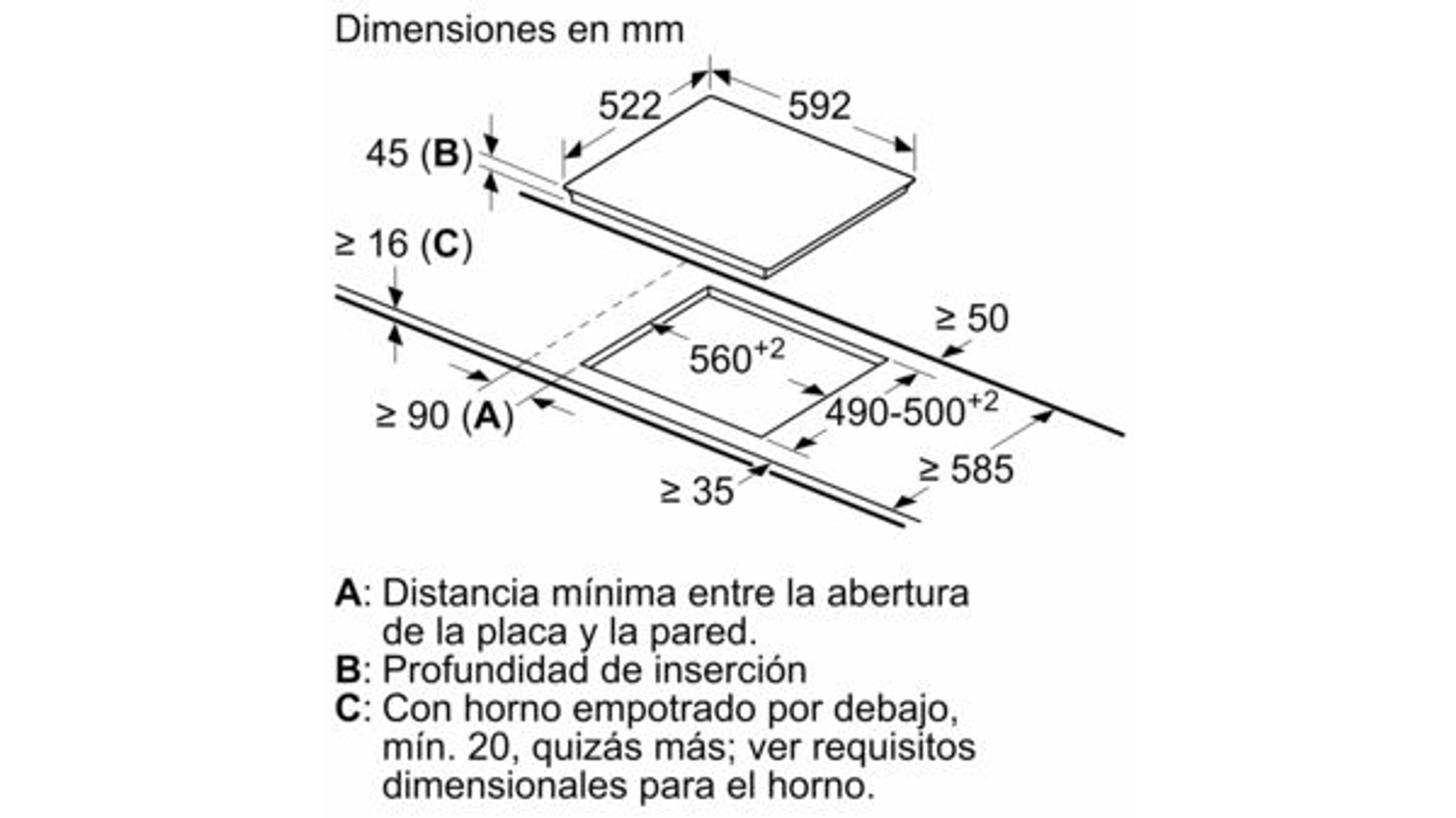 Diagramm eines Küchengeräts mit Abmessungen in Millimetern. Enthält Abmessungen und Beschriftungen.