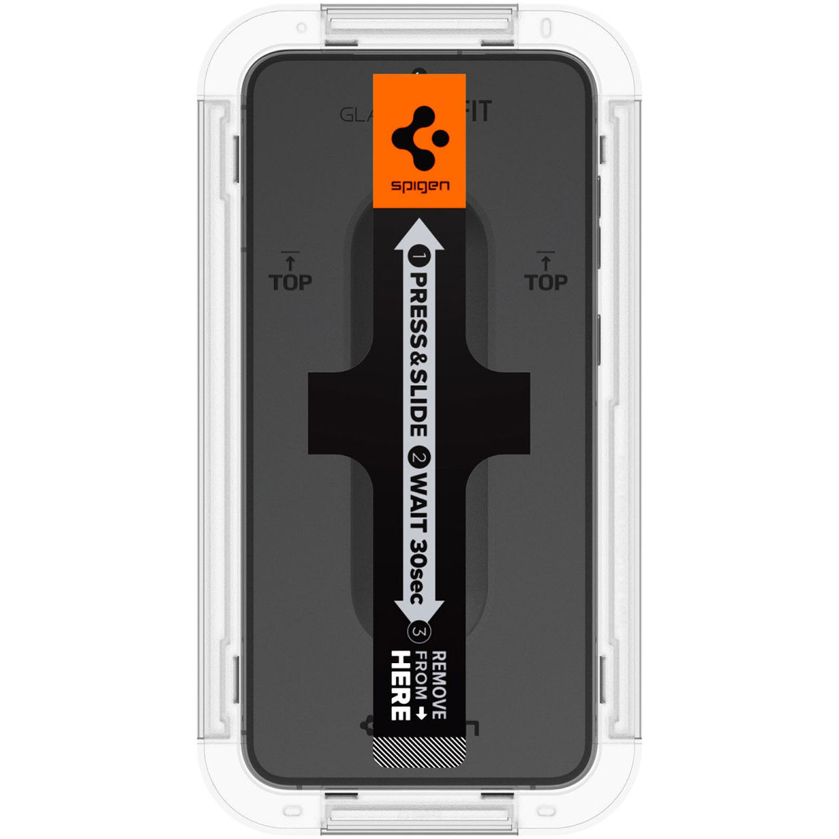 Telefon w ramce instalacyjnej Spigen. Instrukcje pokazują, jak zainstalować osłonę ekranu.