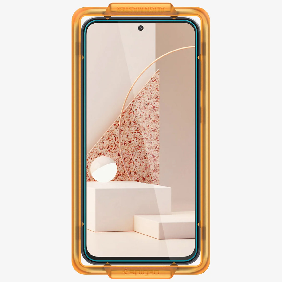 Smartfon z etui. Telefon jest czarny, z ekranem pokazującym białe i kolorowe tło.