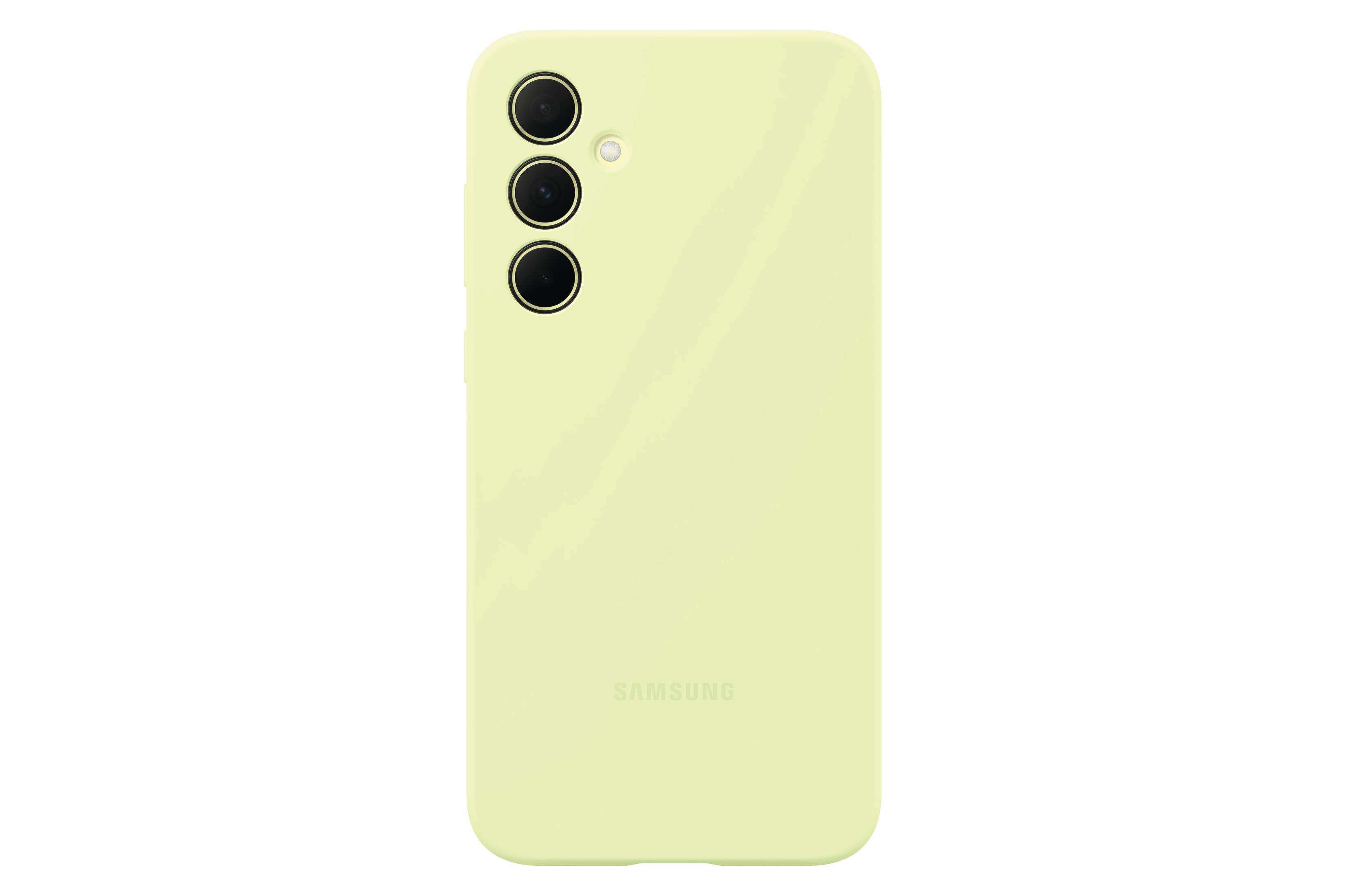 Hellgrüne Handyhülle mit drei schwarzen Kameras und einem Samsung-Logo.