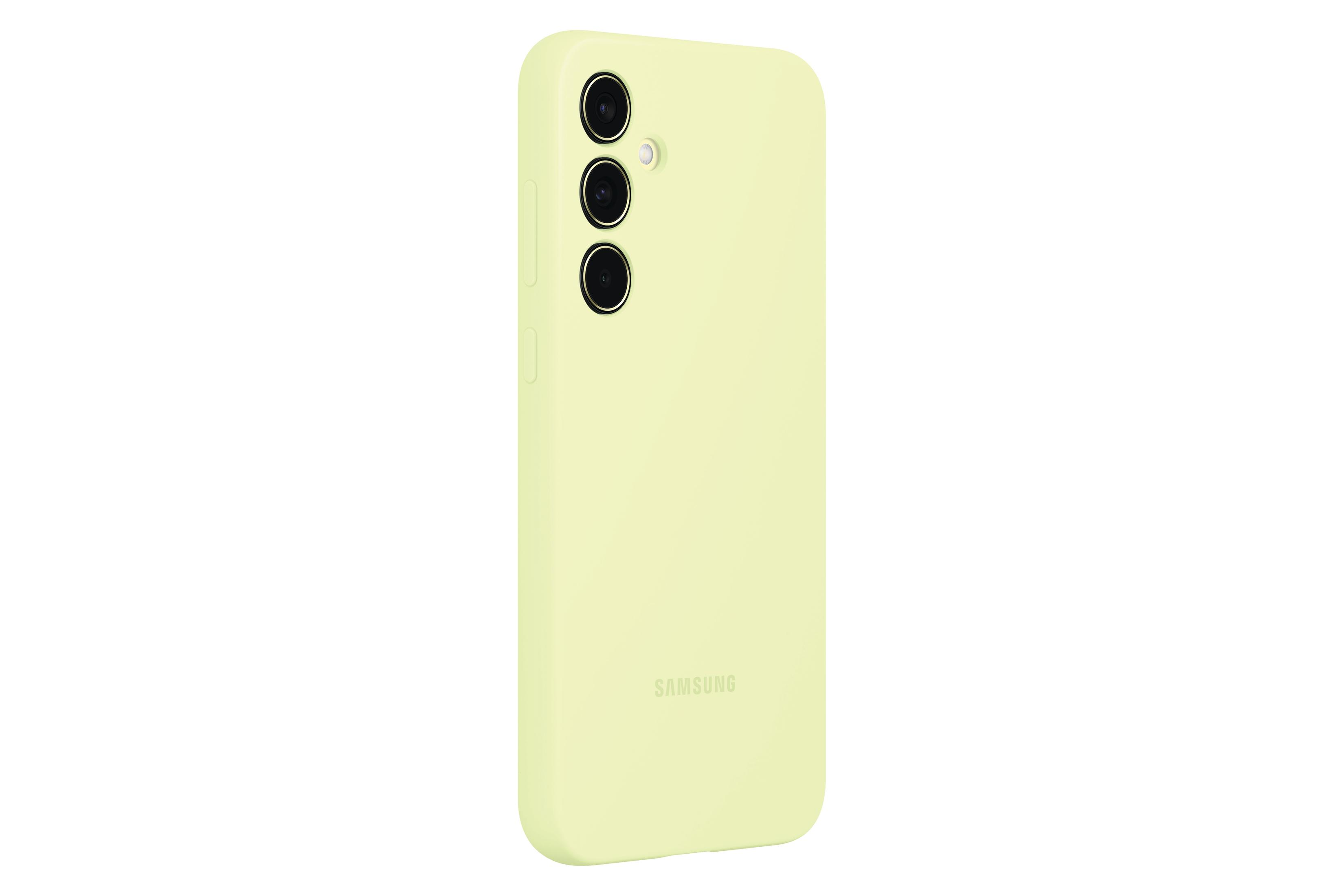 Hellgrüne Handyhülle für ein Samsung-Handy. Die Hülle hat drei Kameraausschnitte und das Samsung-Logo.