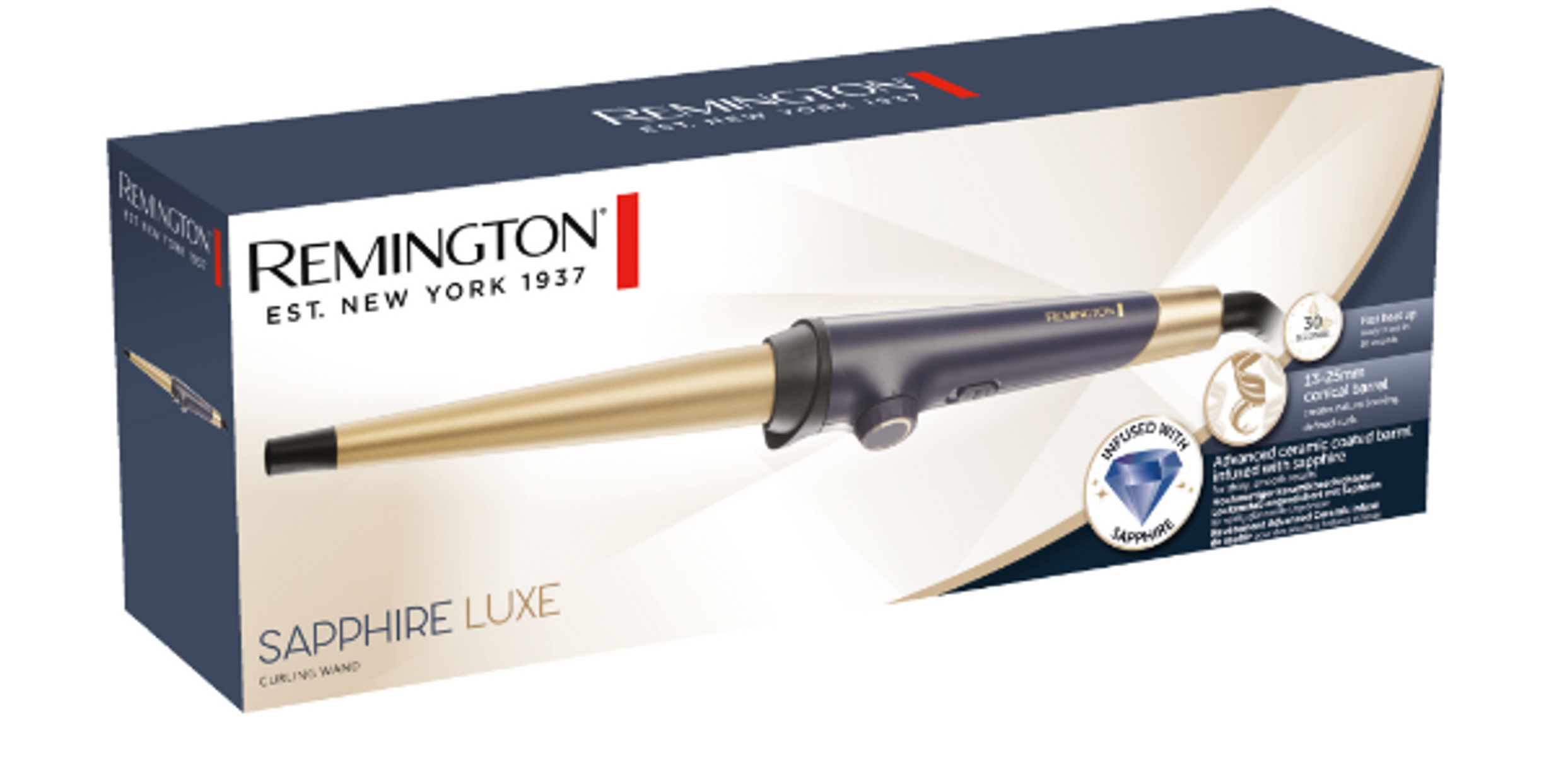 Caja de rizador Remington Sapphire Luxe, en colores azul marino y dorado.