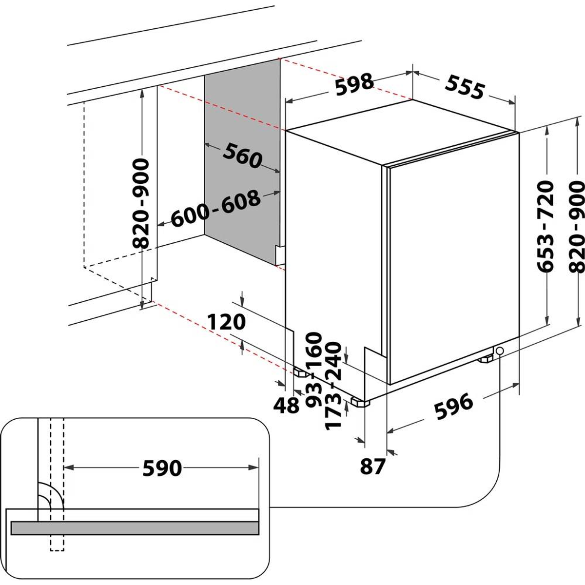 Diagramma dimensionale della lavastoviglie con misure.
